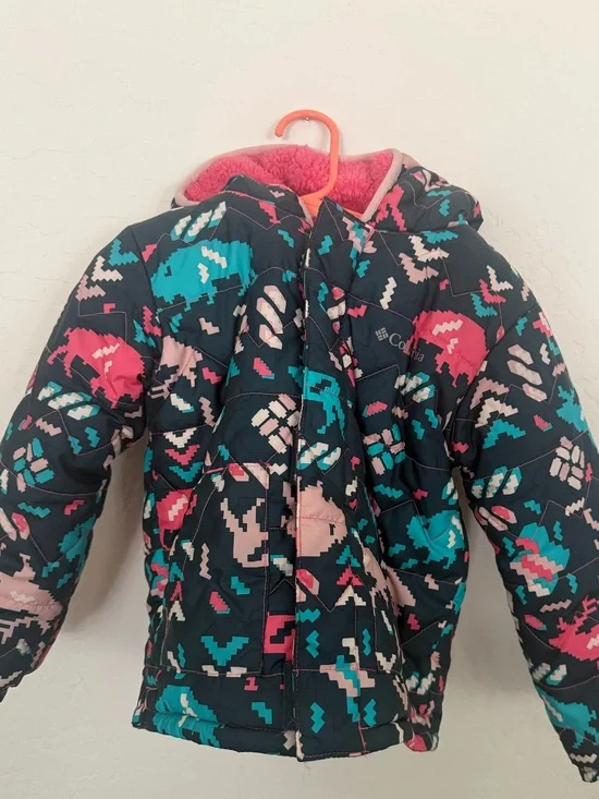 Columbia Kids Navy Puffer Jacket with Pink & Teal Pixel Print