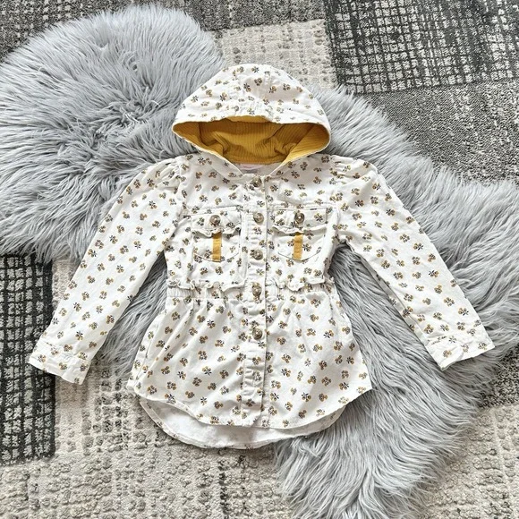 Little Lass Girls Cream And mustard Yellow Floral Hooded‎ Jacket Size 6