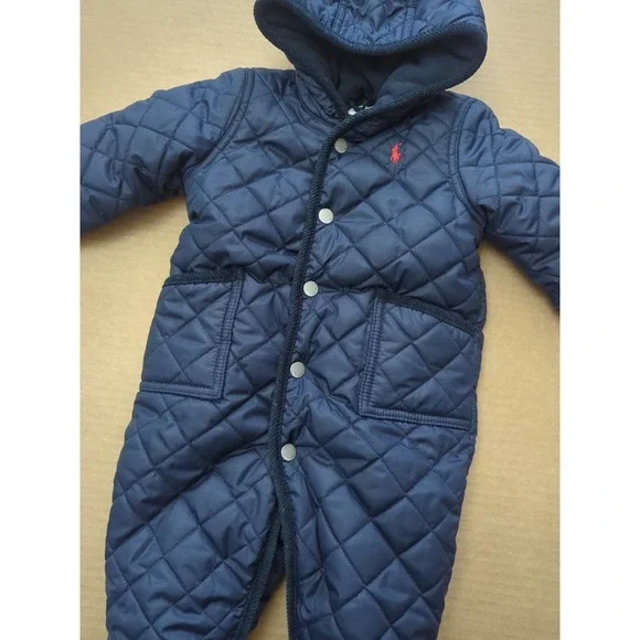 Ralph Lauren Baby Quilted Hooded Snowsuit Snap Front Navy‎ Blue Red Pony Size 6M