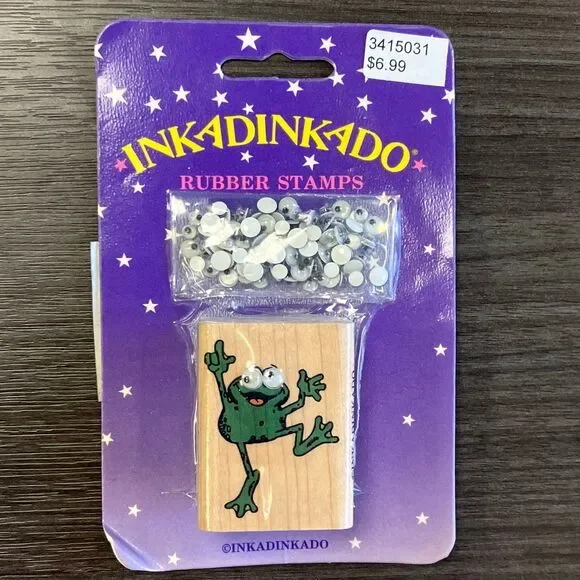 Inkadinkado Small Jumping Smiling Frog Googly Eyes Wood Mounted Rubber Stamp