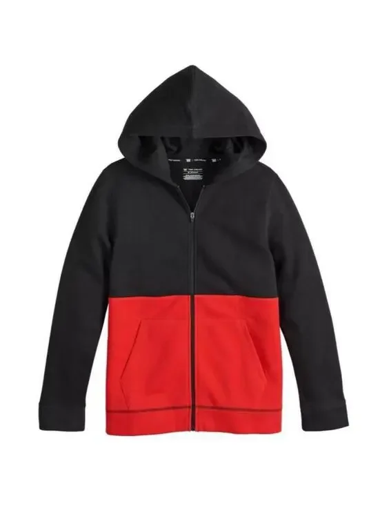 Tek Gear Hoodie Jacket Boys 10/12 Black Red Fleece Lined Full Zip Up Husky