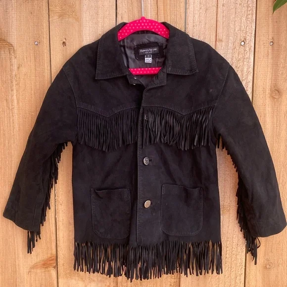 Girl Sz 5 Genuine Leather Suede Fringe Jacket Black Flowers by Zoe Rodeo Western
