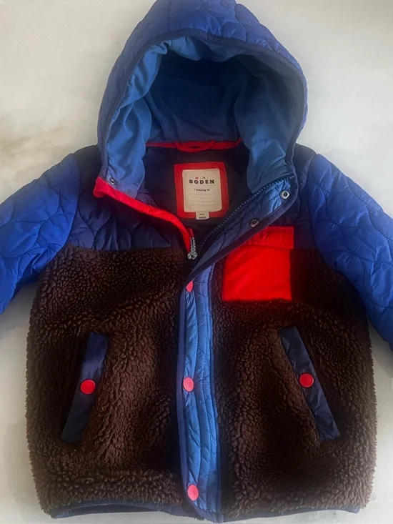 Mini Boden Blue Quilted Hooded Jacket with Brown Sherpa Panels and Red Accents