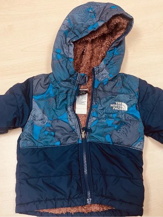 The North Face Navy and Teal Patterned Hooded Puffer Jacket