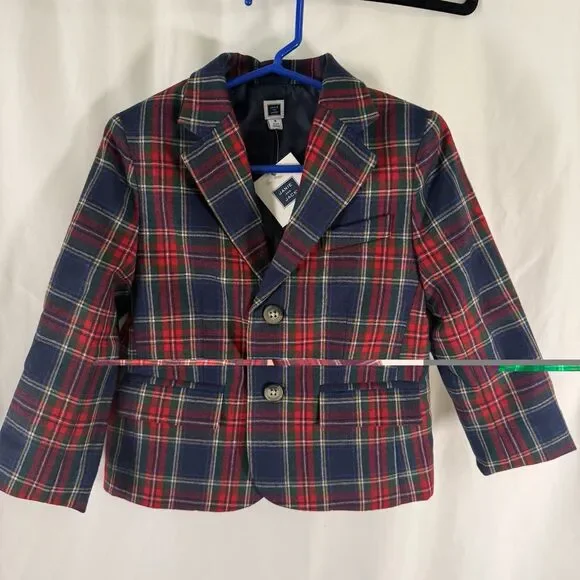 New Janie and Jack Blazer Boys 3 Red Tartan Plaid Button Up Long Sleeve Collared