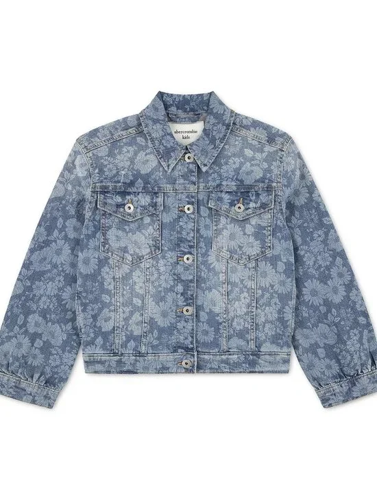 abercrombie kids Girls' Oversized Floral Denim Trucker Jacket New with Tags