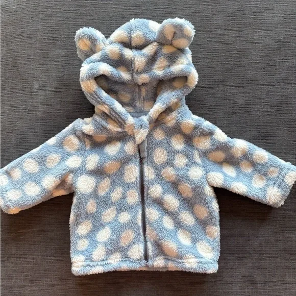 Hanna Andersson Plush Hooded Baby Jacket bear ears Blue & Cream polka dot 3-6 m