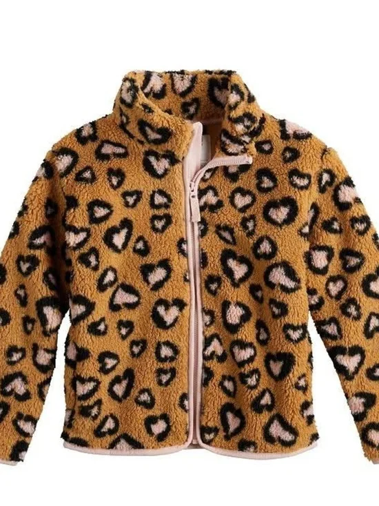 jumping beans Leopard Heart Sherpa Jacket - Brown & Pink