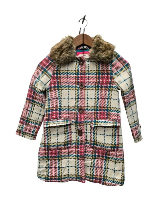 Mini Boden Plaid Fur Collar Pea Coat Size 7-8 Years