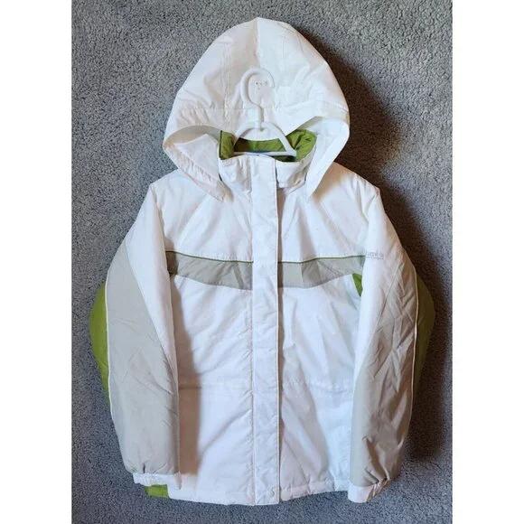 Columbia Kids Hooded Zip Up Puffer Winter Jacket White/Green XG5034 Youth 14/16‎