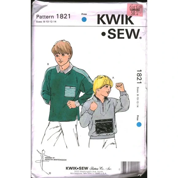 Vintage Kwik Sew 1821 Boys Shirt Sewing Pattern Sizes 8-14 Quarter Zip Crew Neck
