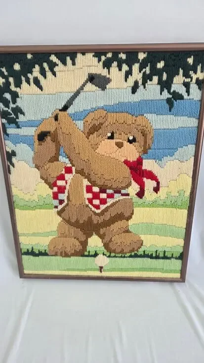 Vtg Needlepoint Golfer Bear 14 x 11