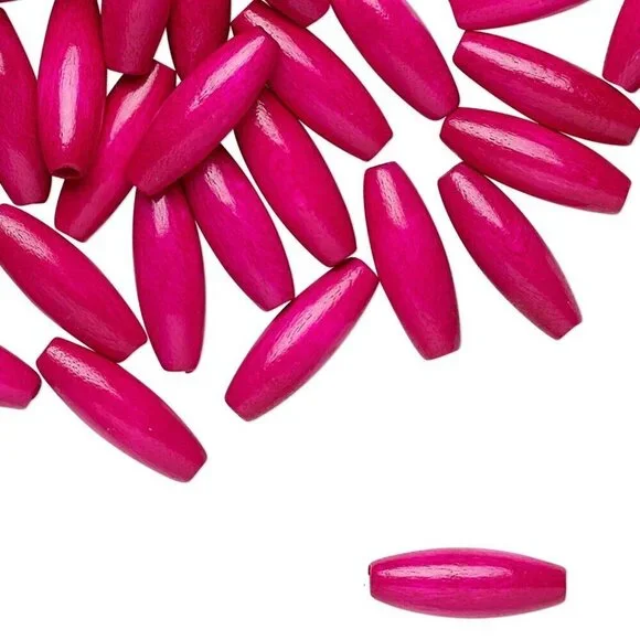 Bulk Lot Vintage West Germany Lacquered Fuchsia Pink 15x5 Oval Wood Beads 50 pcs
