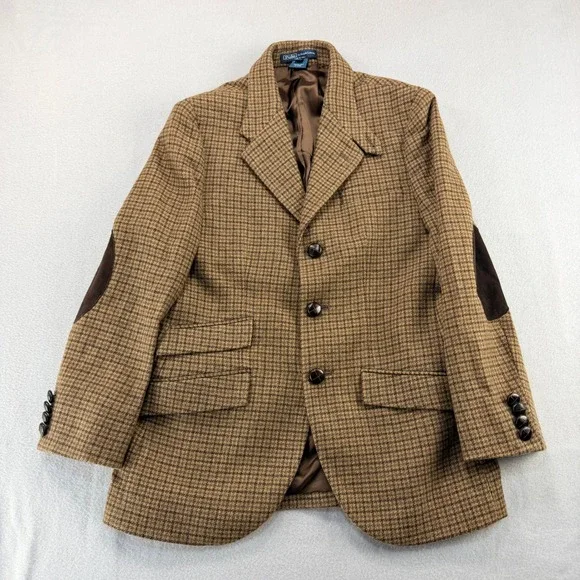 Polo RalphLauren Boys 14 Wool Cashmere Houndstooth Equestrian Plaid BlazerSuede