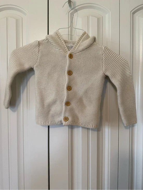 Baby Cream Hooded Knit Cardigan with Button Front