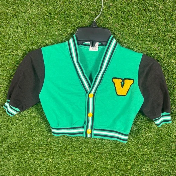 Vintage Kids Varsity Jacket Green Black Letter V‎ Snap Button Sweatshirt 24M