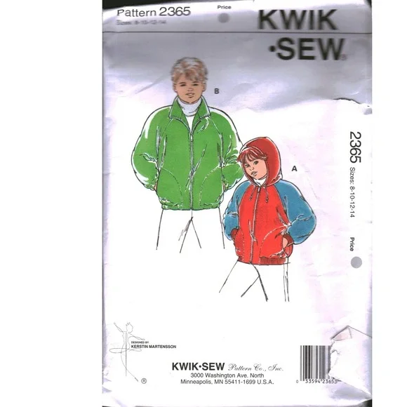 Kwik Sew 2365 Boys Girls Jacket Sewing Pattern Sizes 8-14 Hooded Fleece Raglan