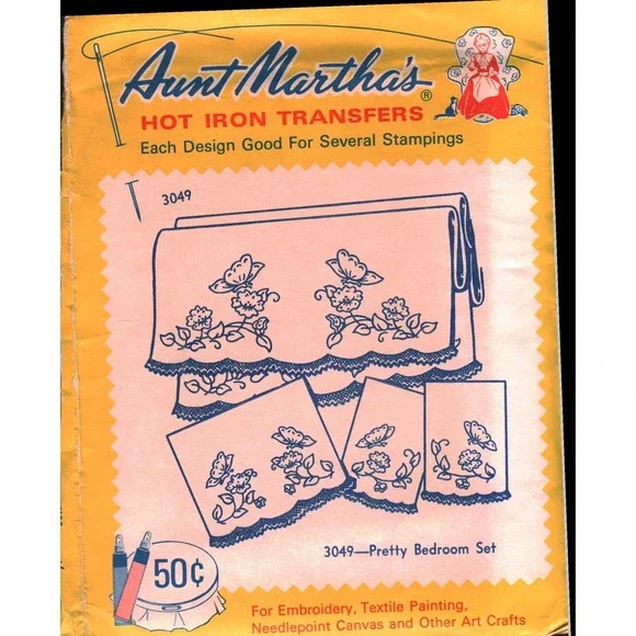 Aunt Martha's Hot Iron Transfers 3049 Pretty Bedroom Set Butterflies Flowers CUT