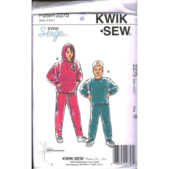 Kwik Sew 2275 Childrens Jogging Suit Sewing Pattern Sizes 4-5-6-7 Hoodie Pants