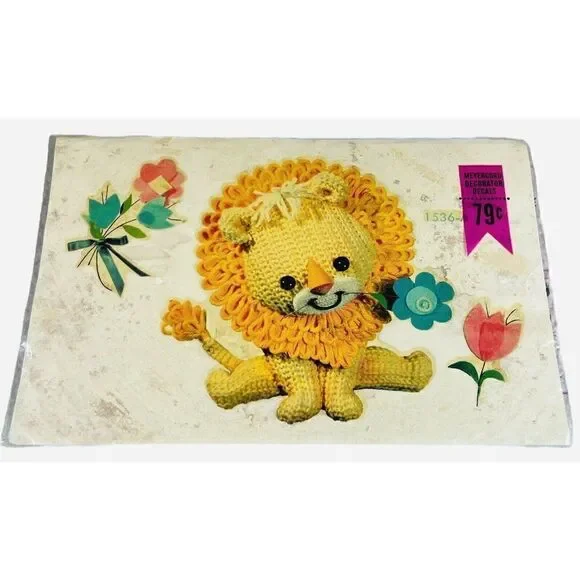 NOS Vintage 1970s Meyercord Decal Crochet Lion Plush Yarn Flowers Kawaii Kitschy