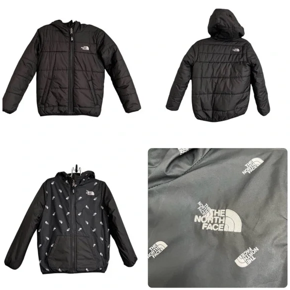 The North Face Toddler Reversible Puffer Jacket black white logo hooded coat 5-6