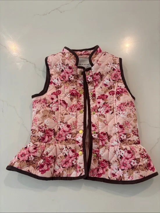 Janie and Jack Pink Floral Quilted Vest with Brown Trim