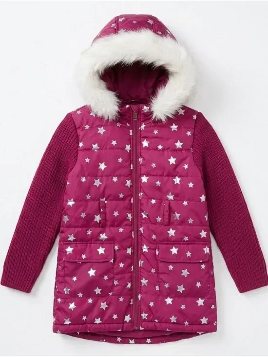 Kids - Red and Pink Puffer Jacket with Hood and Polka Dots