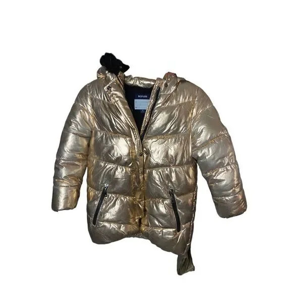 Kiabi girls rose, gold, black faux, fur, hooded coat, size 8