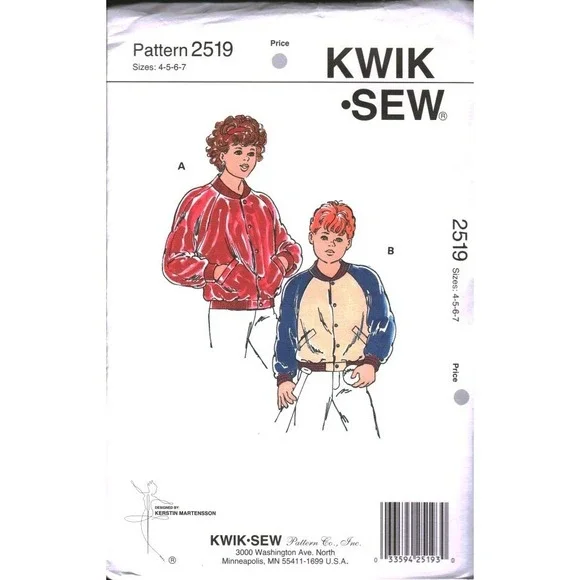 Kwik Sew 2519 Childrens Bomber Jacket Sewing Pattern Sizes 4-5-6-7 Varsity Coat