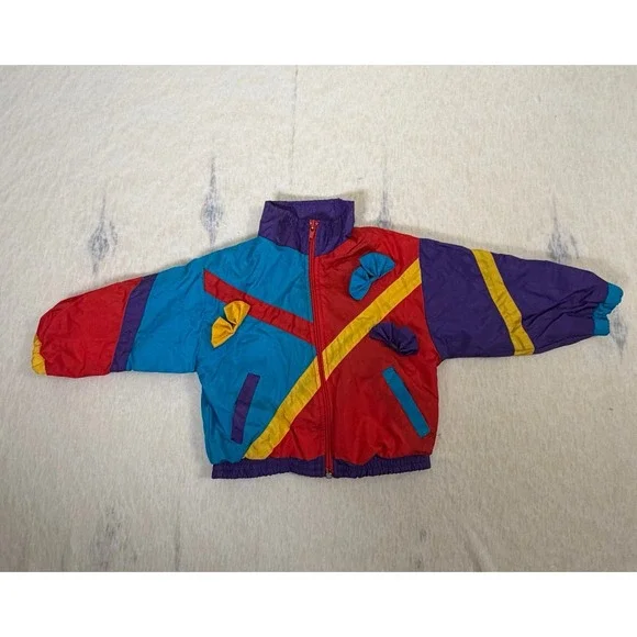 Vintage‎ 90s Colorblock Windbreaker Jacket Kids 24M Teal Red Purple USA