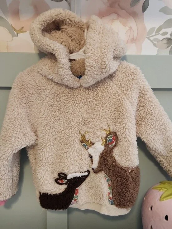 Mini Boden 3-4 3t 4t Christmas Reindeer Sherpa Hoodie with Deer Appliqué - Kids