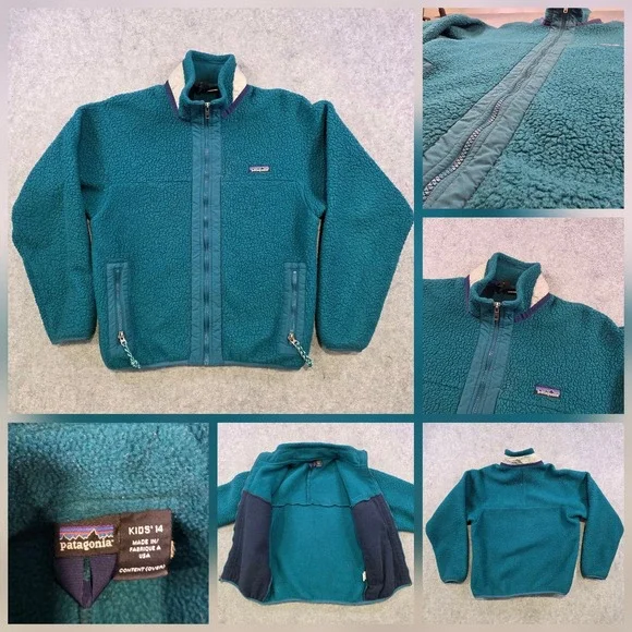 Vintage Patagonia Fleece Jacket Kids 14 Green High Pile‎ Sherpa Full Zip USA 90s
