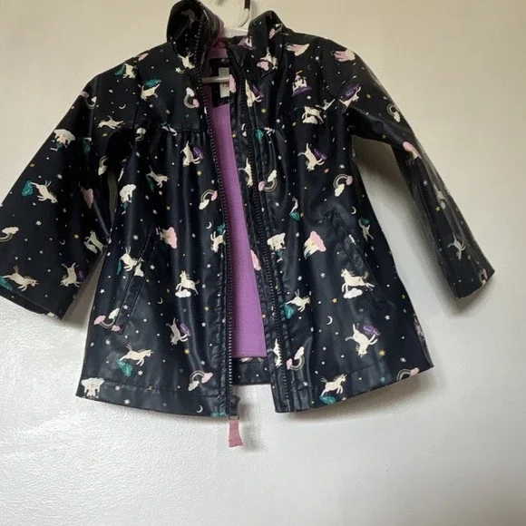Cat & Jack Girls 2T Hooded Rain Coat Unicorn Print Full Zip Pockets