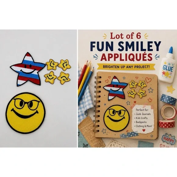 Lot Smiley Face & Star Embroidered Iron On Patches Retro Y2K Kawaii Americana