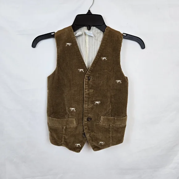 CrewCuts Boys Vintage Brown Corduroy Button Vest Embroidered Dog Print XL 8-9‎