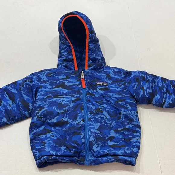 Patagonia Blue and Black Camouflage Jacket with Orange Trim