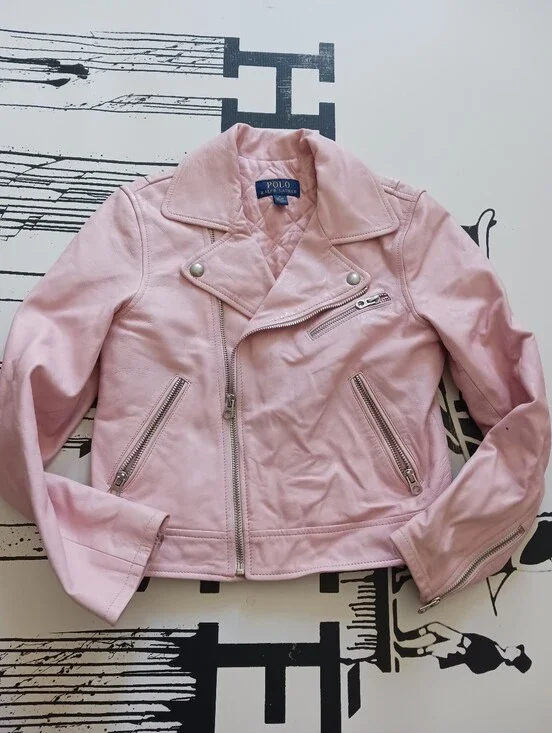 Girls Polo Ralph Lauren Lamb Leather Powder Pink Moto Zip-Up Jacket Size 10-12
