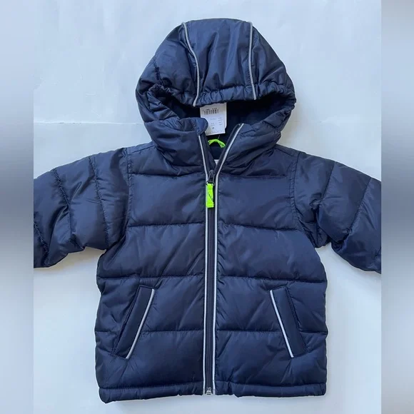 Crewcuts Navy Puffer Hooded Jacket with Neon Zipper Pull
