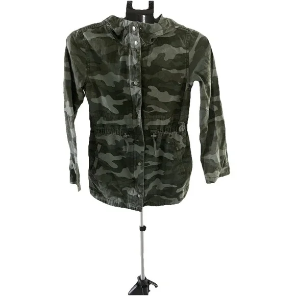 Girls XL Camo Utility Jacket Hooded Drawstring Waist Green Military Style