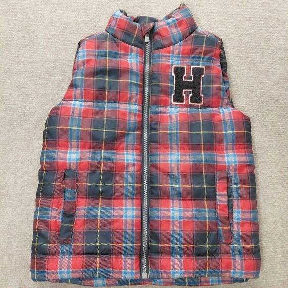 Tommy Hilfiger Puffer Vest Patch Logo Red Blue Plaid Toddler 3T Full Zip Pockets