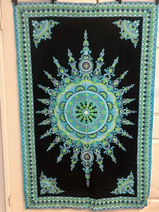 Blue Green and Black Mandala Cotton Fabric Panel Wrap Swim Coverup Rough Edge