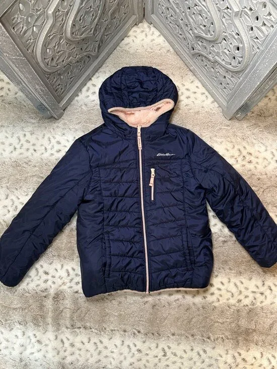 Eddie Bauer reversible puffer jacket girls medium pink faux fur school winter