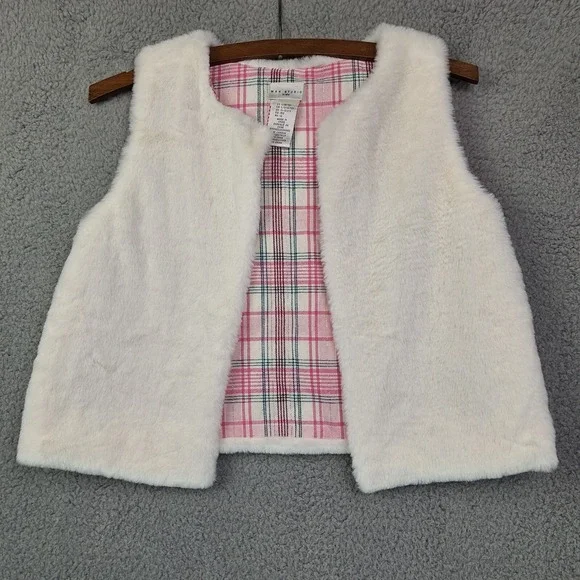 Max Studio Vest Girls Large 10/12 White Faux Fur Softest Ever Pink‎ Plaid Lining