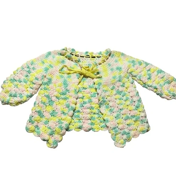 Vintage Handmade Colorful Crochet Knit Kids Jacket Fits Sizes 2+ Adjustable Bow
