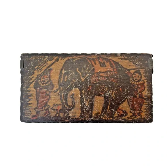 Antique Wood Pyrography Box Circus Clowns Elephant Unique Hinges 2.5 x 5