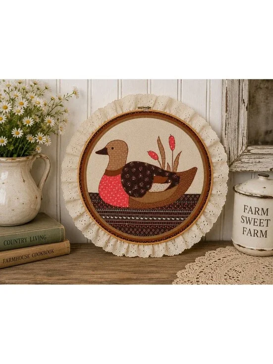Vintage Handmade Country Duck Applique Embroidery Hoop Wall Hanging 13