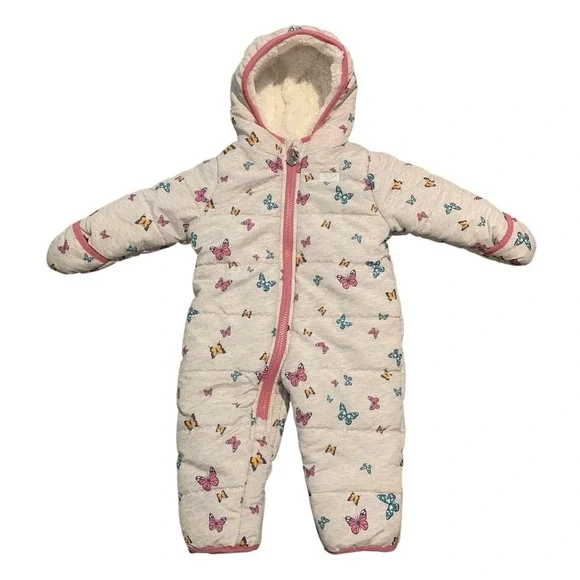 OshKosh B'gosh Snowsuit Baby Girl 6-9M Gray Butterfly Puffer Hooded Wintercore