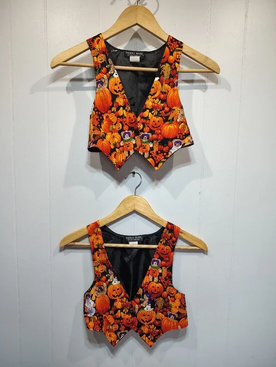 Vintage Saddle River Kids Halloween Pumpkin Vest Bundle Matching Sibling Set M L