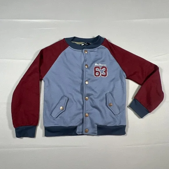 Ben Sherman 63 Logo Jacket Kids Blue Maroon Snap Front‎ Raglan Sleeve Rib Cuffs