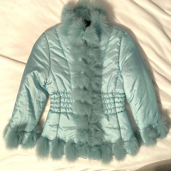 MISS BLUMARINE Real Hair/Fur Trim Puffer Jacket Coat Girls 8 Blue Aqua Y2K